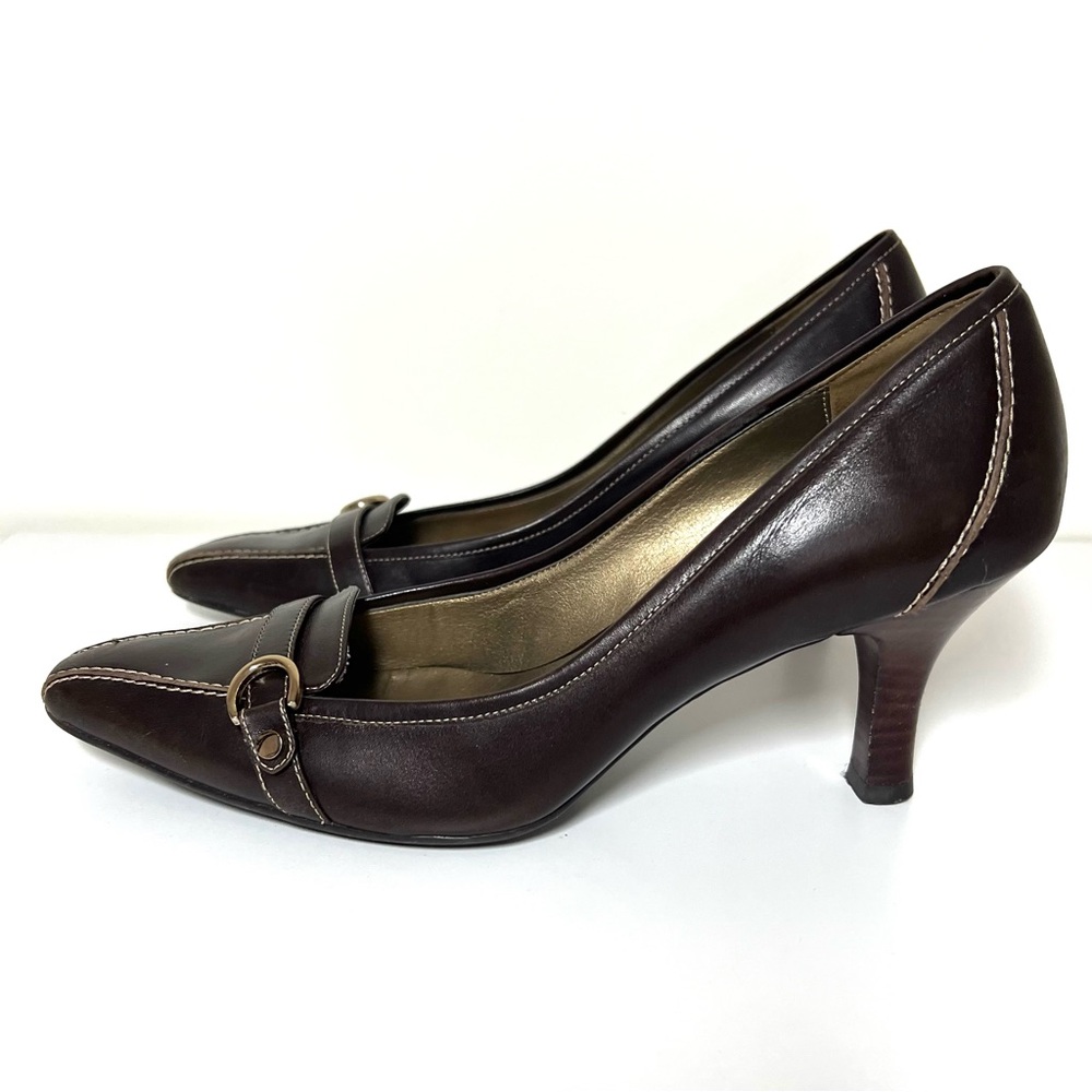 Circa Joan & David Dark Brown Leather Loafer 3” Heel With Gold Buckle Size 9 M - Picture 4 of 10